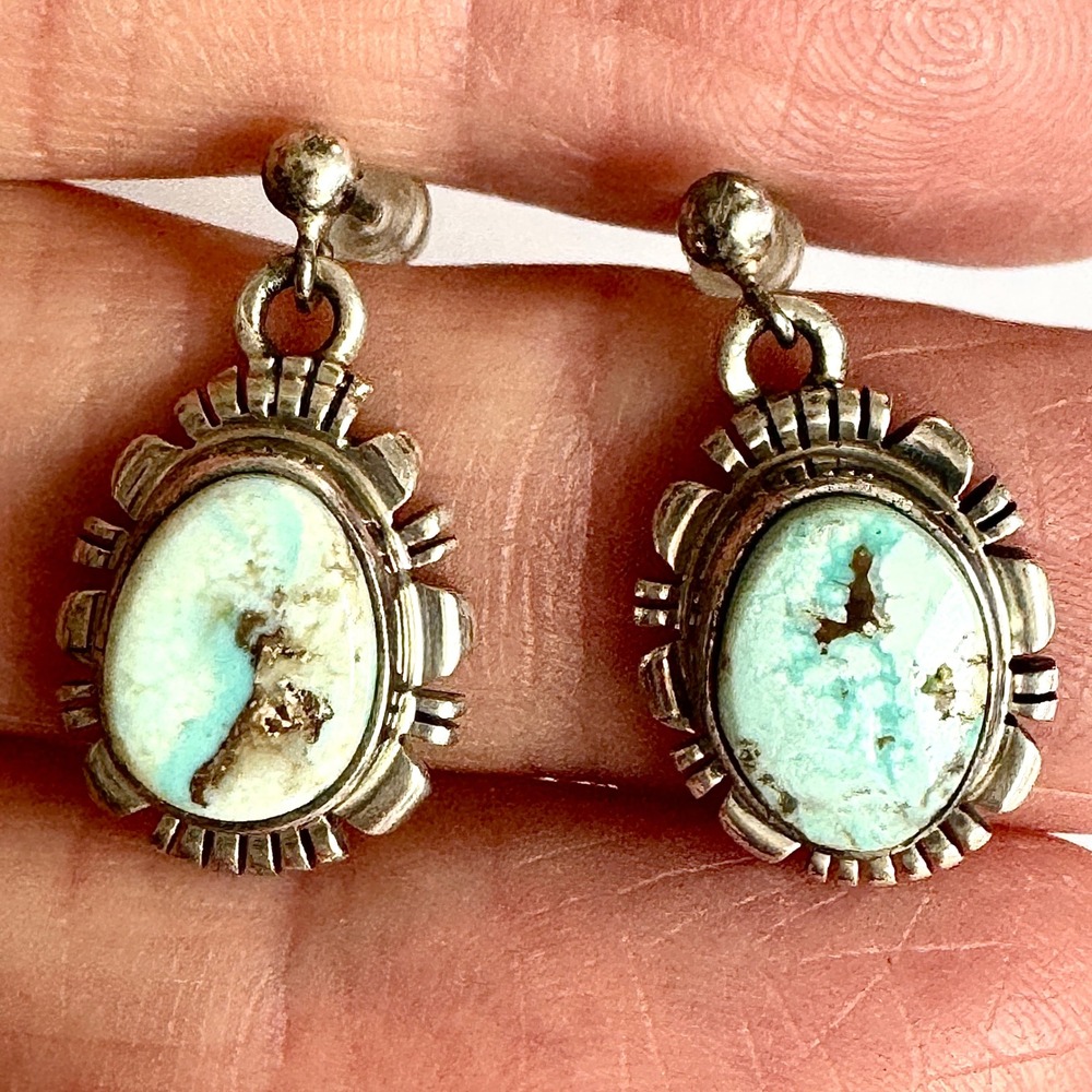 Navajo Blue Golden Hills Turquoise Earrings Sterling Dangle Signed A VTG